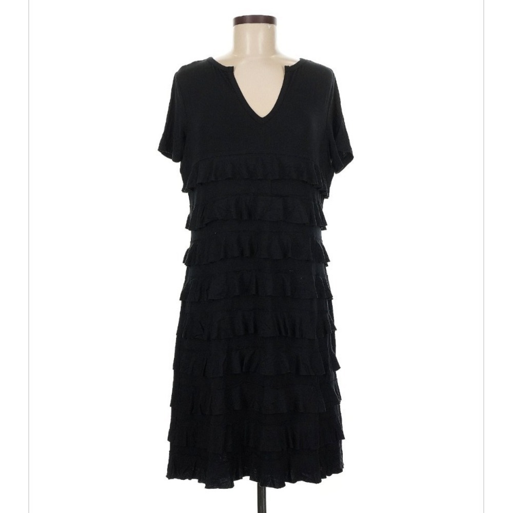 Colleen Lopez Women's Size 2X Empire Dress Ruffle Tiers Black Stretch V-Neck